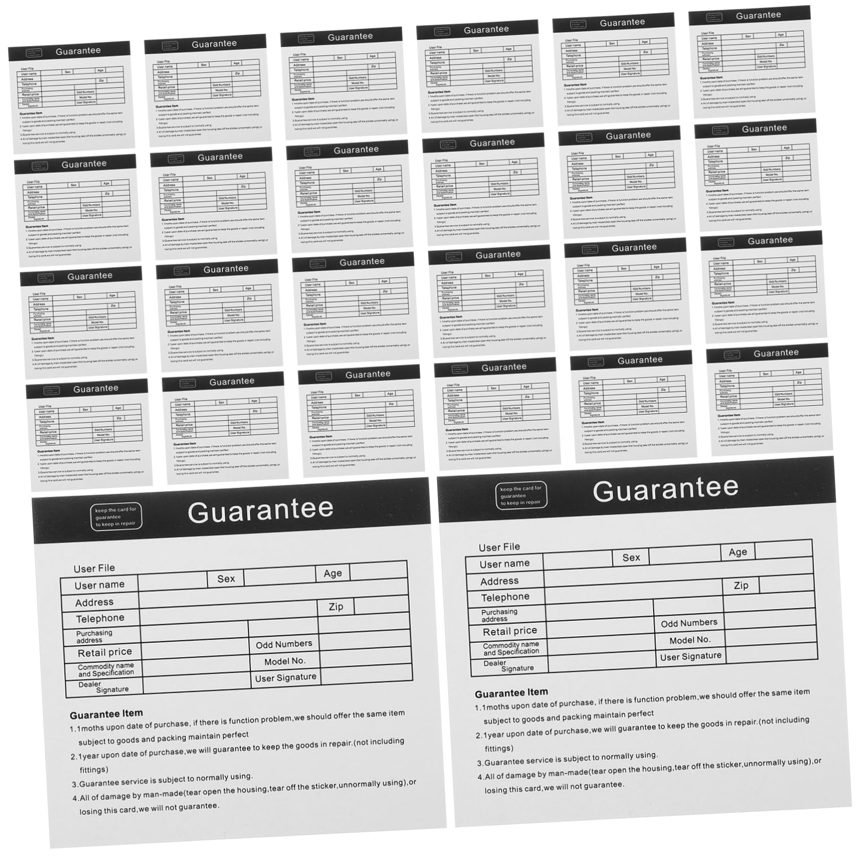 CALLARON 4 Sätze Garantiekarte Für Geräte Englische After- -karten Leere Kundendienstkarte Gerätewartungskarten Gerätereparaturkarten Papier 200 Stück * 4