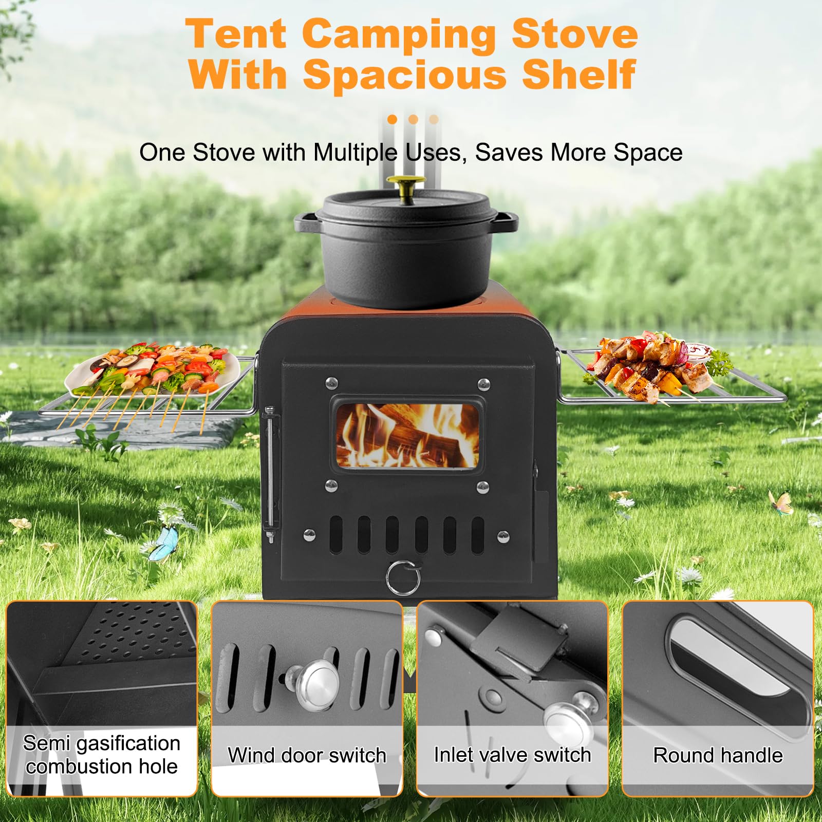 Camp Feuer Zeltofen, Erweiterte Größe:54x28x35cm, Edelstahl Zeltofen mit Kamin, Tragbarer Holzofen, Hochtemperaturbeständiges Holzkocher für Camping im Zelt, Outdoor-Kochen und Gartenaktivitäten