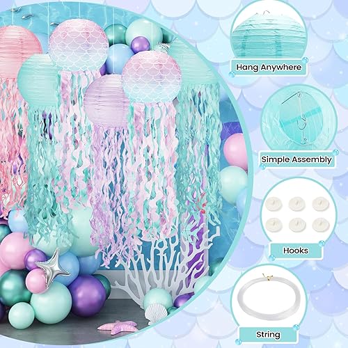 Miniatura 10 de Decoraciones de cumpleaños de sirena, decoración de medusas, paquete de 6, faroles de medusas rosas con cuerda y gancho, medusas colgantes para