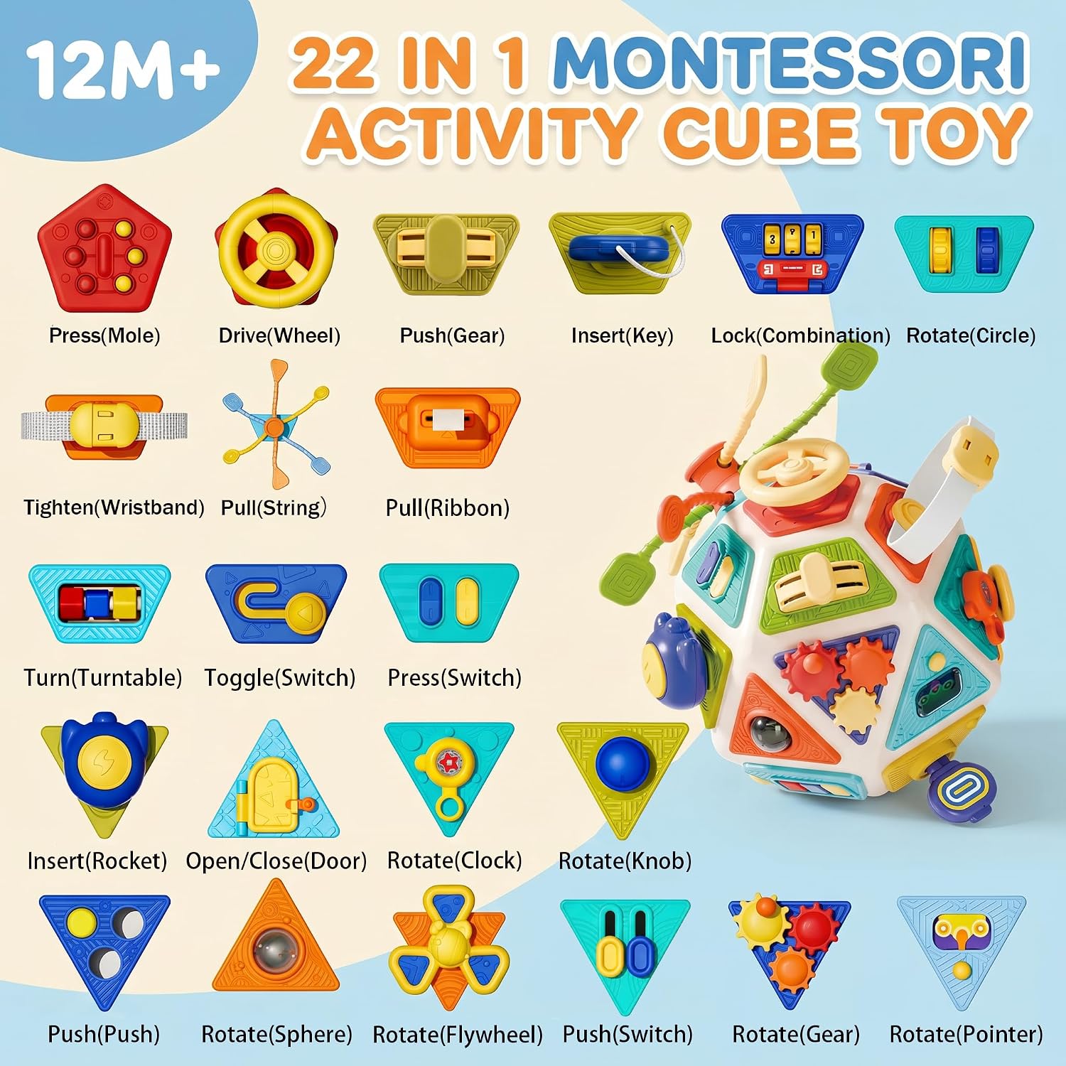 22-in-1 Montessori Baby Busy Board Activity Cube, Sensory Toys for Toddlers 1-4, Fine Motor Skills Travel & Early Educational Learning Baby Toy