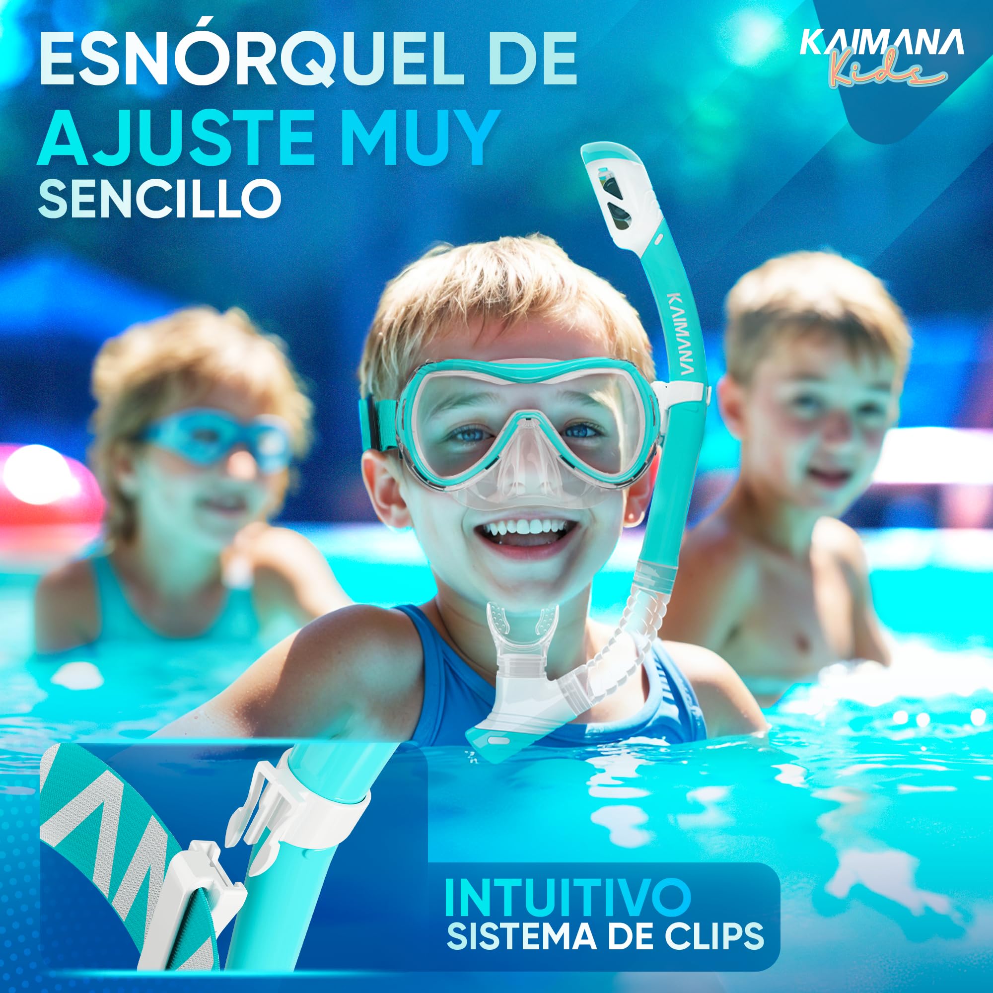KAIMANA® SeaExplorer Gafas Snorkel Niño y Tubo + Bolsa – Set Snorkel Niño 3-10 Años – Gafas de Buceo con Tubo y Cinta Textil – Gafas de Bucear con Nariz y Máscara Buceo Niño 4 años