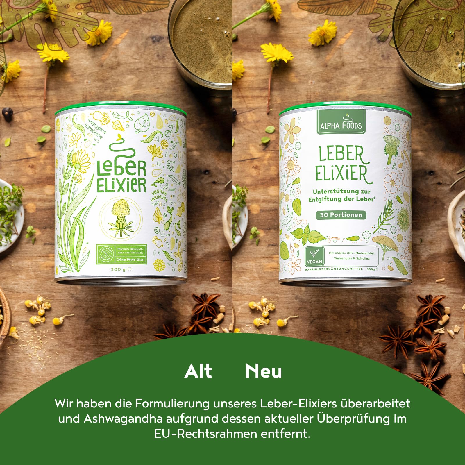 Leber Komplex Elixier 2.0 | 300g Vegan Pulver | Leberkur mit Weizengras, Spirulina, Cholin, Gerstengras, Brennnessel, Mariendistel, Löwenzahn, Chlorella | Alpha Foods