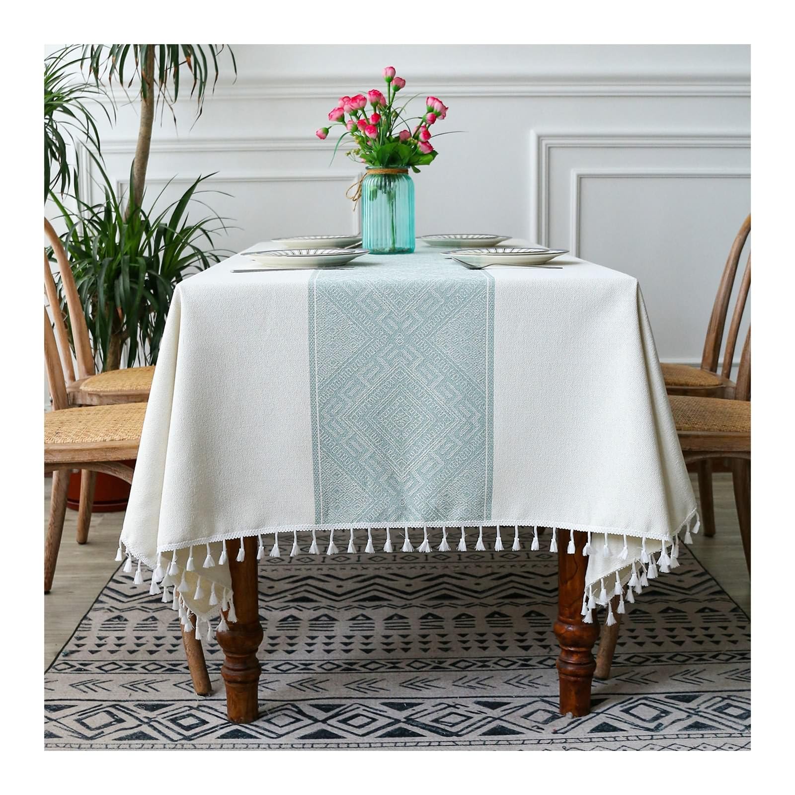 Nappe de table beige vert en tissu géométrique à franges 140 x 200 cm