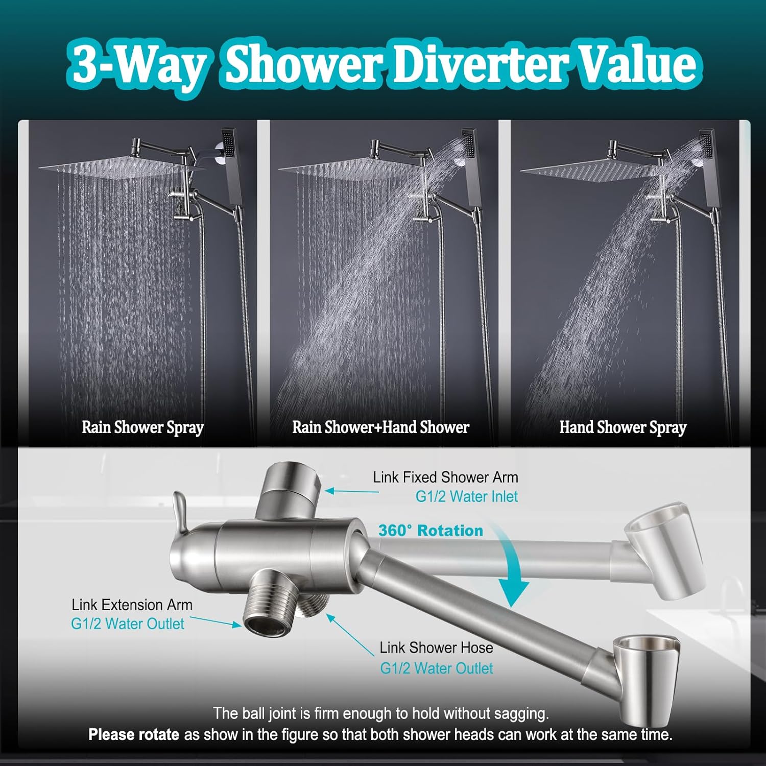 All Metal 12" Rainfall Shower Head with Handheld Spray Combo, High Pressure Rain Shower Heads with Adjustable Extension Arm, Wide Dual Waterfall Showerhead, Extra Long Shower Hose - Brushed Nickel