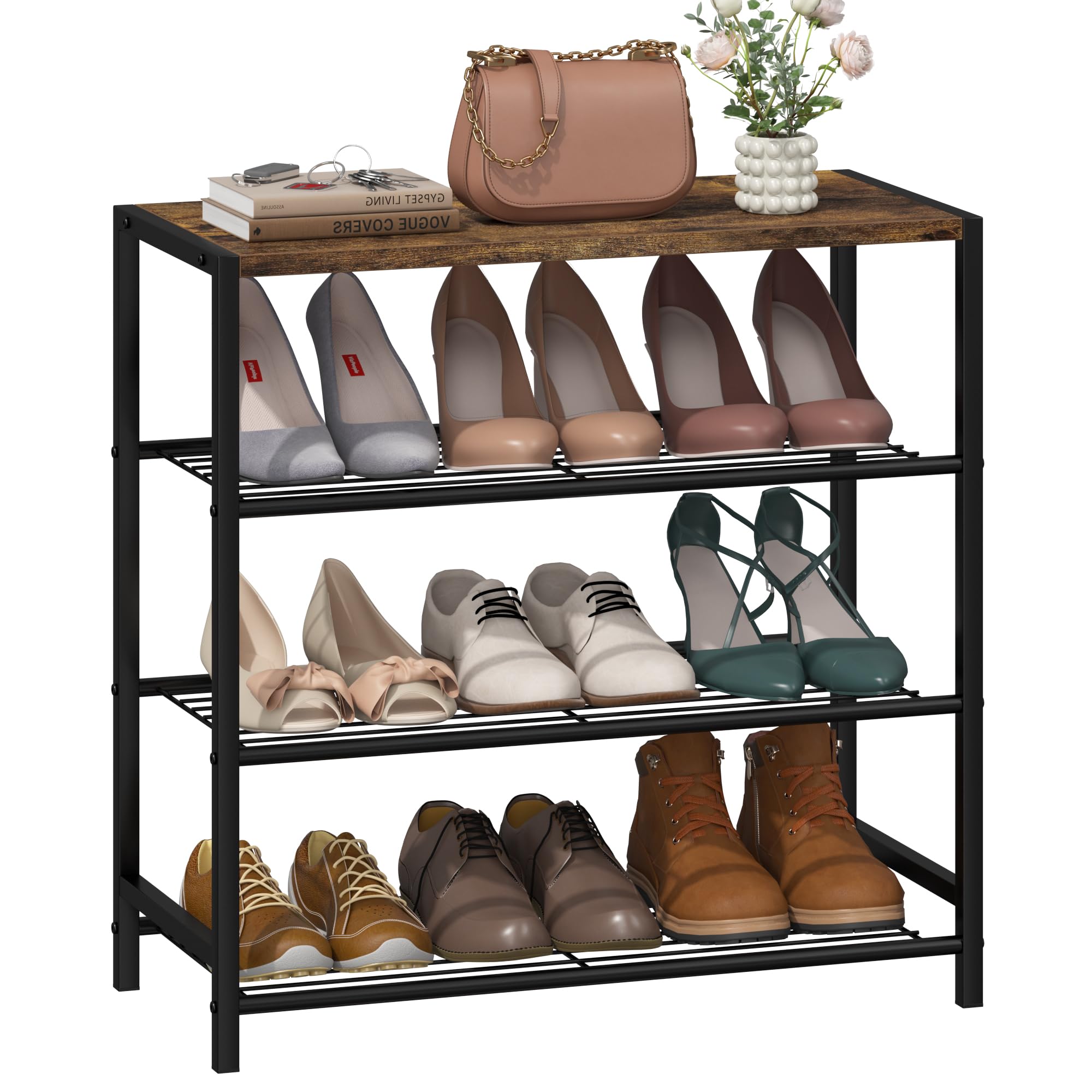 HOME BI 4-Tier Industrial Shoe Rack,Metal Shoe Storage Organizer Shelves with Stable Metal Frame, Shoe Organizer for Closet, Hallway, Entryway, Living Room, Rustic Brown