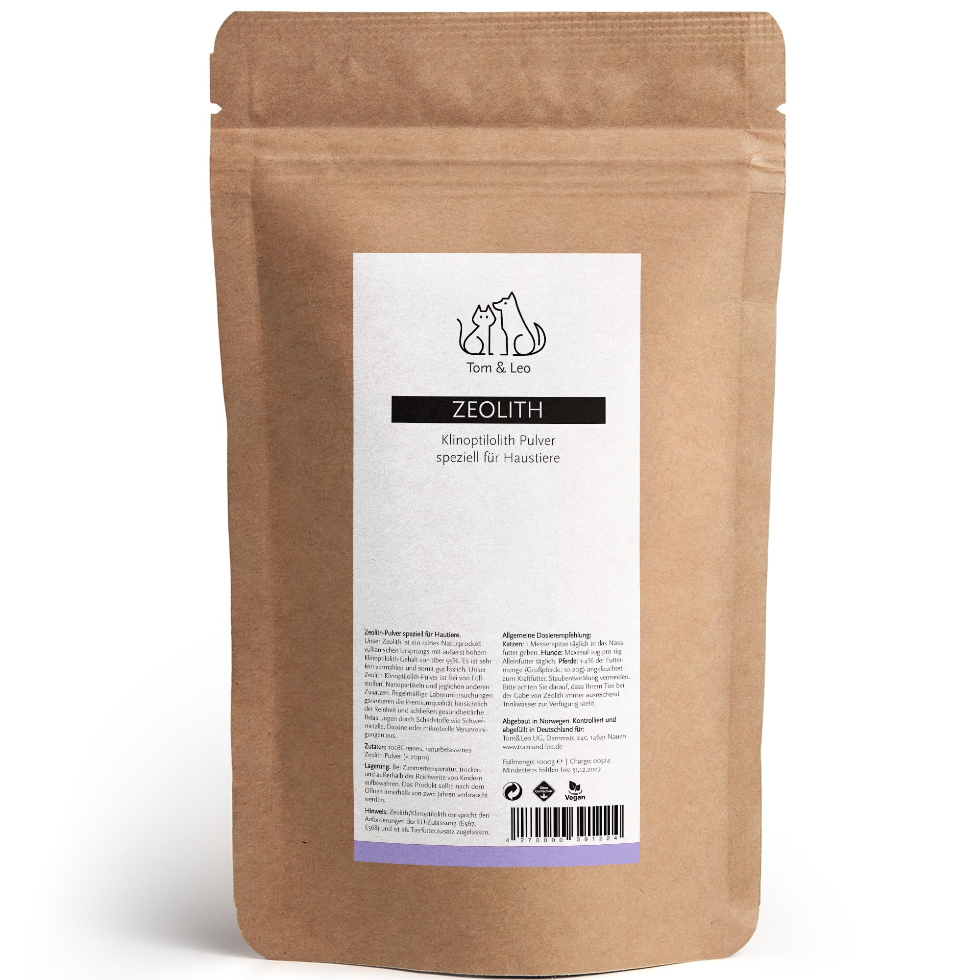 Tom&Leo Zeolith Pulver 1000g mit 95% Klinoptilolith Anteil | Premium Qualität für Haustiere | Hund, Pferd, Katze und viele mehr