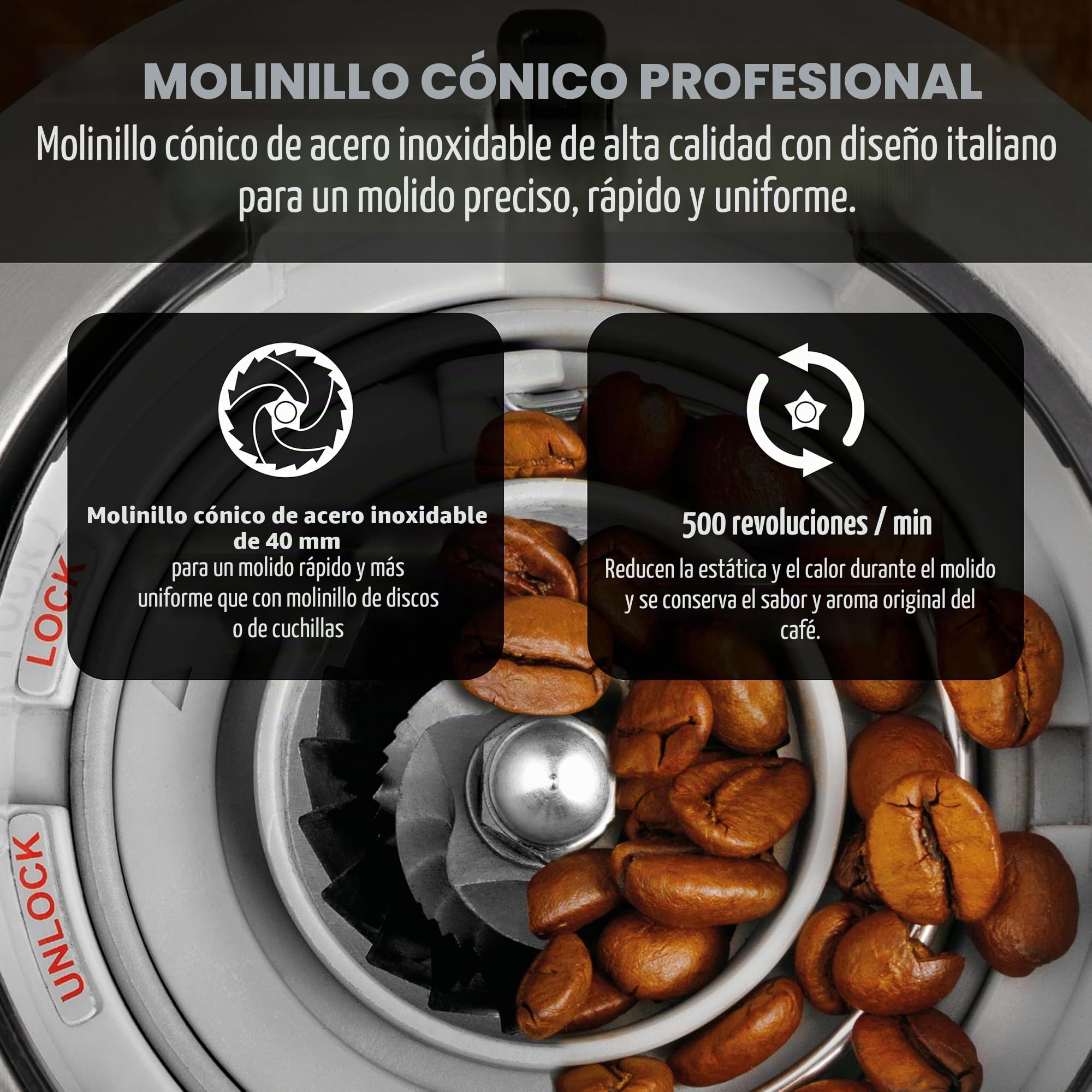 GASTROBACK Barista Molinillo de café eléctrico para máquina portafiltros, grado de molienda ajustable en 30 niveles, molinillo cónico, molinillo de café eléctrico, molinillo de café expreso