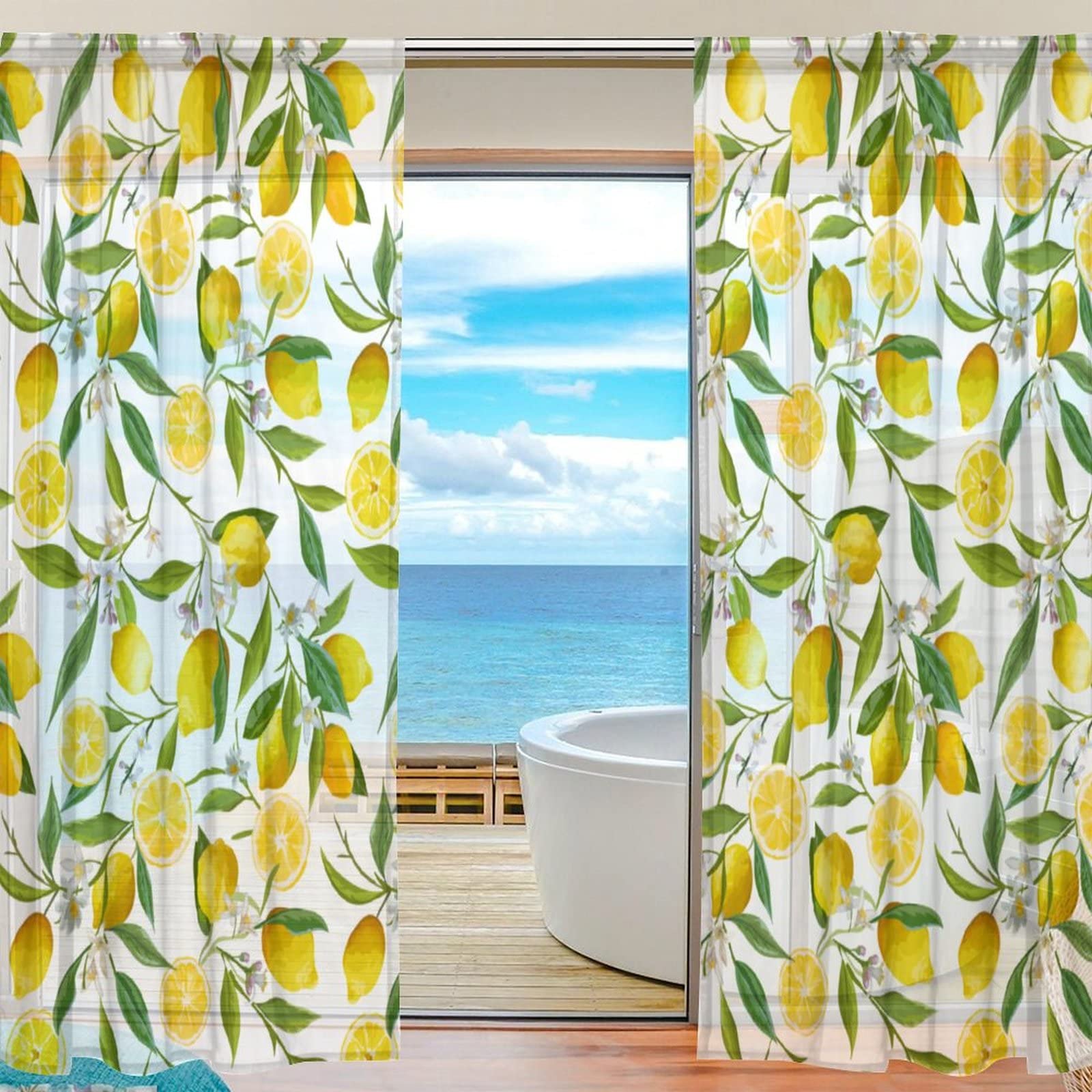 Arctic Residents Sheer Voile Window Curtain Floral Lemon Fruits Semi Sheer Curtain Panels Gauze Shade Curtains for Bedroom Living Room Office Kitchen Draperies Door 2 Panels,140x213cm