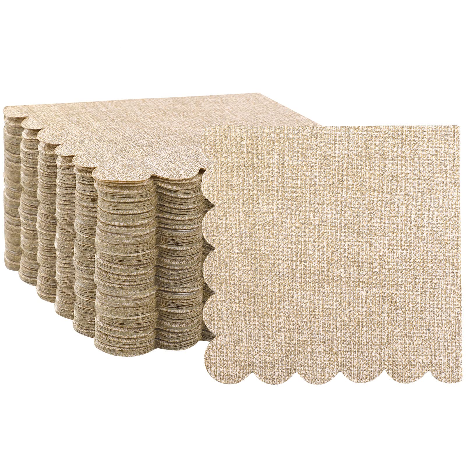 Panelee 100 Pcs Burlap Cocktail Dessert Tan Napkins Bulk Rustic Scalloped Paper Napkins Decorative Party Disposable Hand Towel for Wedding Baby Shower