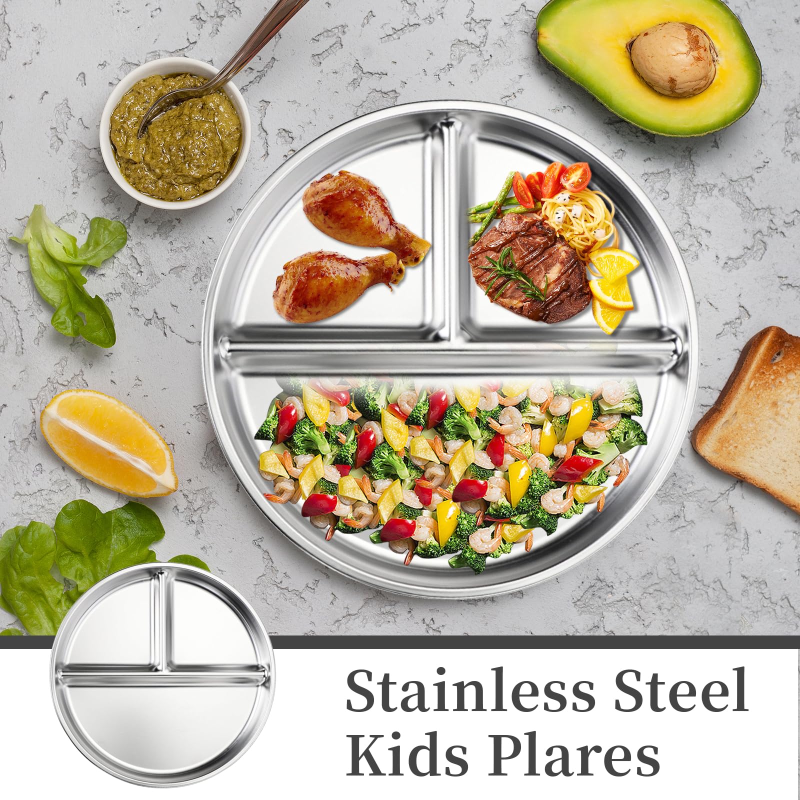 Bariatric Set di 2 piatti a scomparti per bambini, in acciaio inox, 23 cm, per pranzo e campeggio