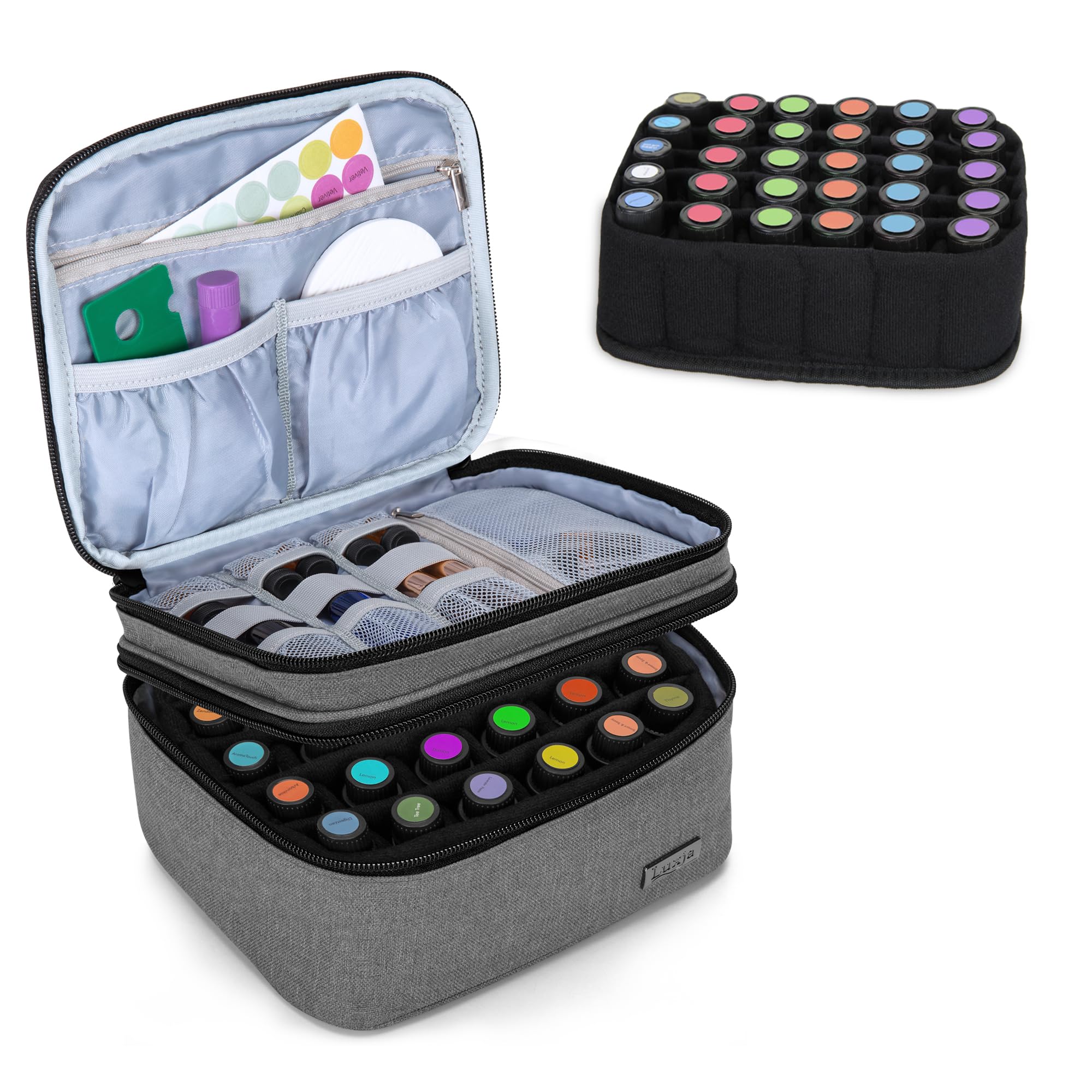LUXJA Essential Oil Carrying Case - Holds 30 Bottles (5ml-30ml, Also Fits for Roller Bottles), Double-Layer Organizer for Essential Oil and Accessories, Gray (Bag Only)