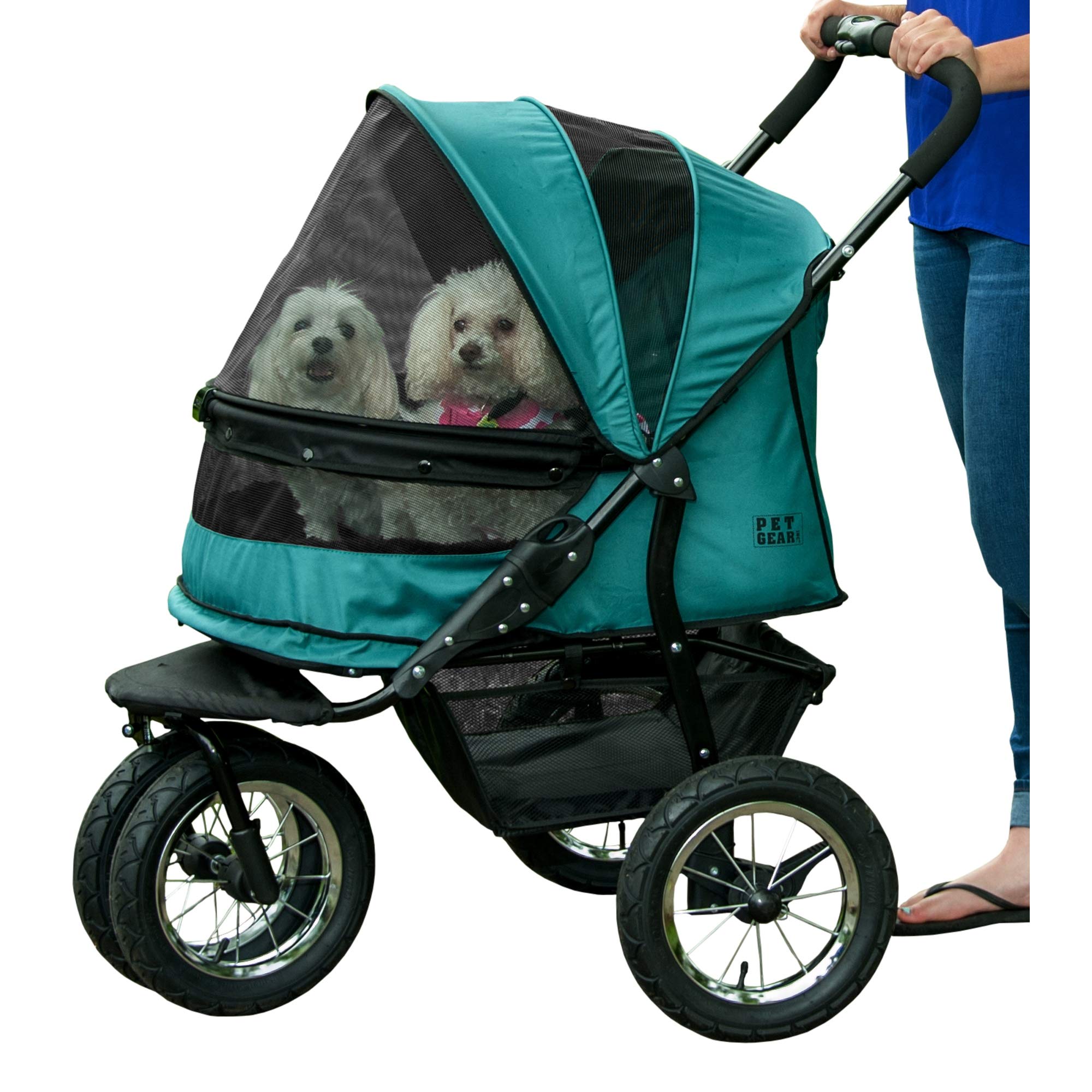 Pet Gear NO-Zip Double Pet Stroller, Zipperless Entry, for Single or Multiple Dogs/Cats, Plush Pad + Weather Cover Included, Large Gel-Filled Tires, Emerald