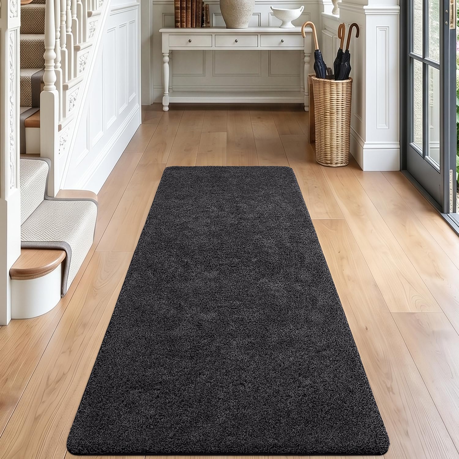 DEXI Passatoia Corridoio 80 x 250 cm, Zerbino Ingresso Assorbente, Tappetino Antiscivolo Lavabile in Lavatrice per Cane, Porta, Nero-Grigio