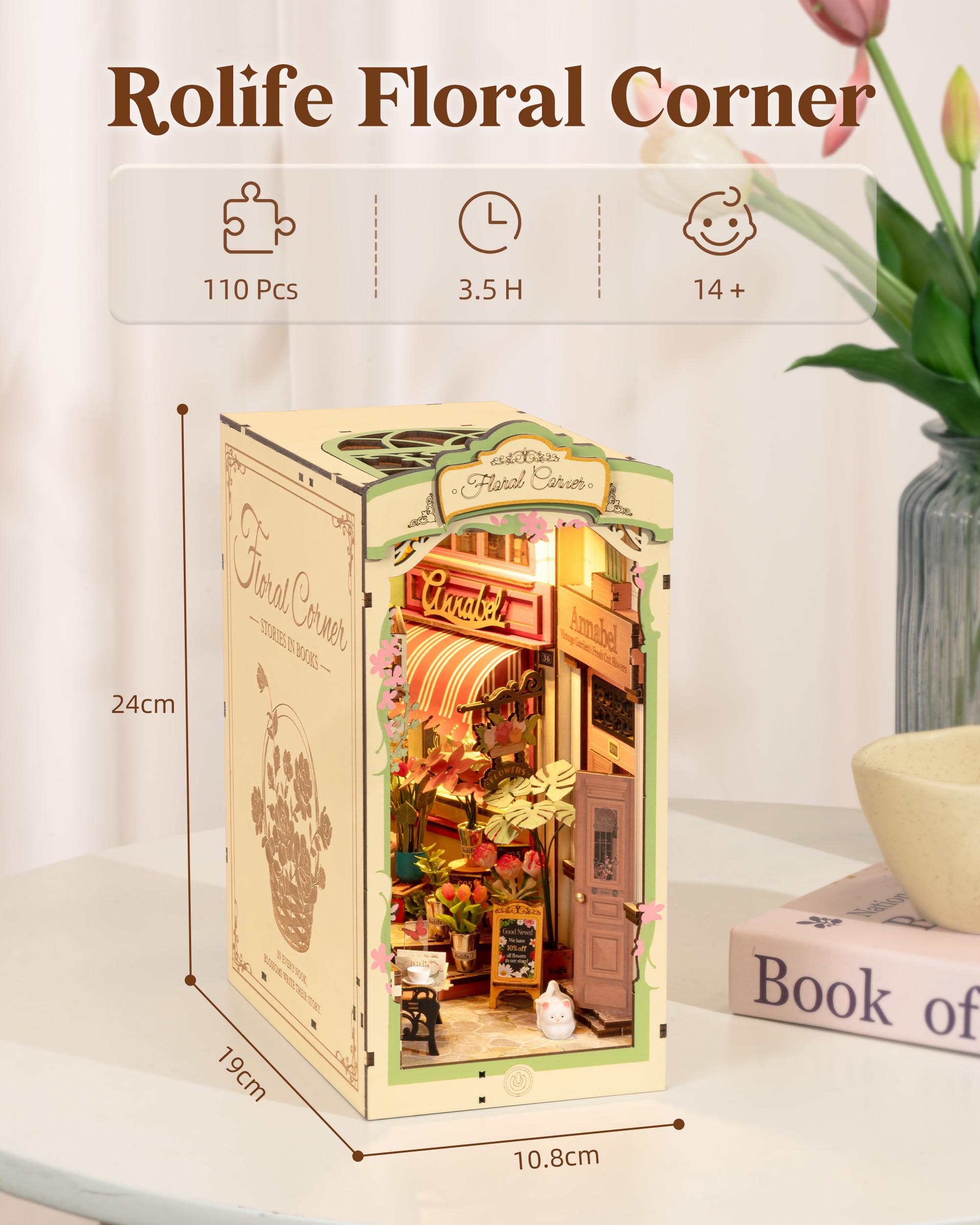 Rolife Book Nook Kit Miniature da costruire Diy Booknook Floral Corner 3d Puzzle Legno con Luci Decorazione Libreria Casa Modellismo da Costruire Adulti Diorama Modellismo TGB09