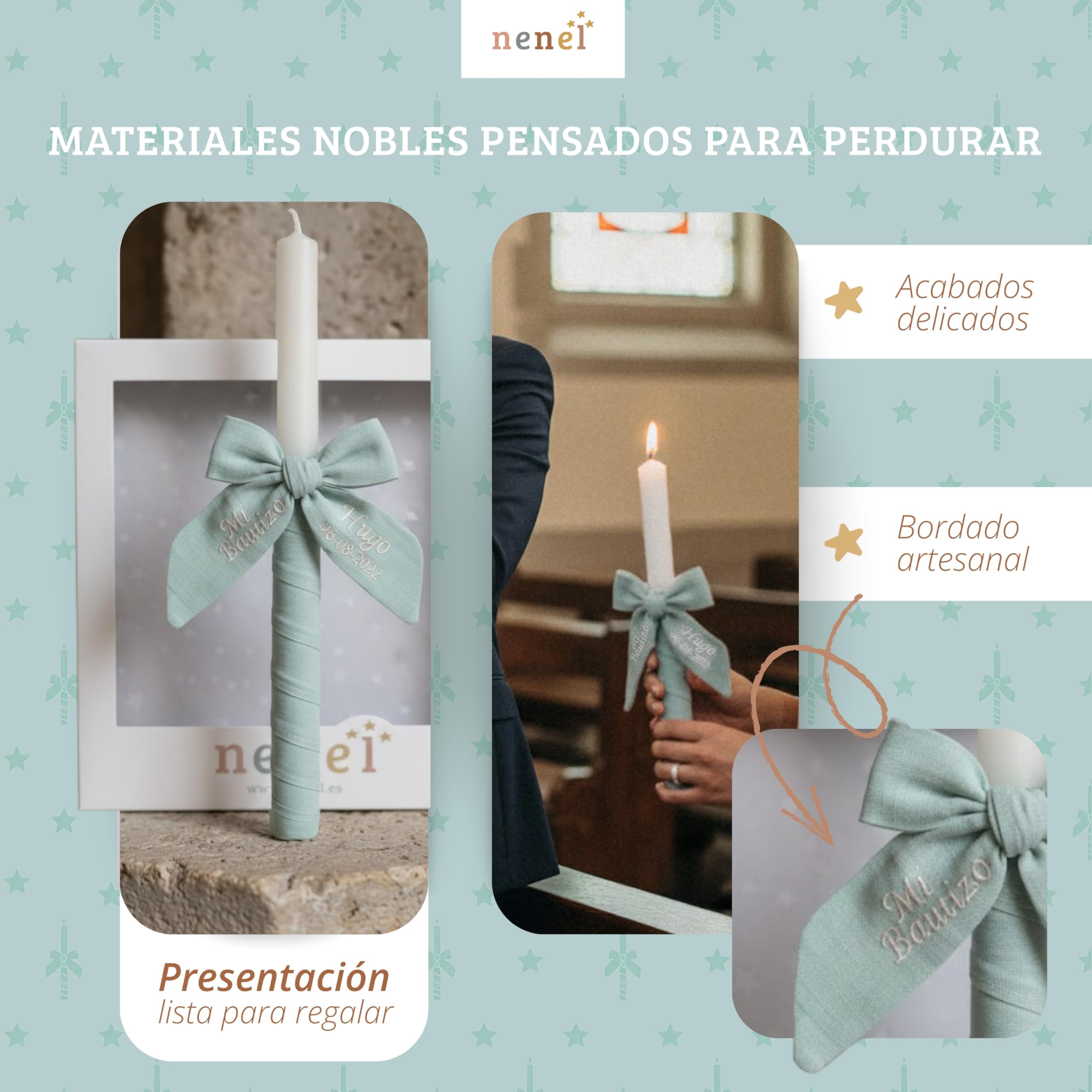 Vela para Bautizo personalizada - Vela Bautismal Personalizable con nombre y fecha – Cirio sacramental decorado - Cirio de Bautizo - Modelo Bambula – Nenel (Verde Menta)
