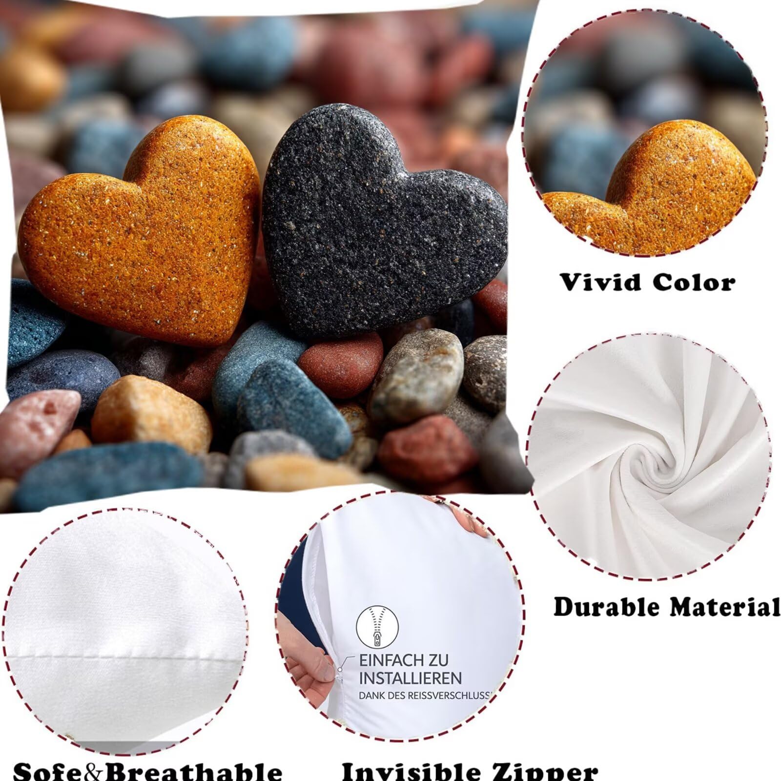 Kissenbezug 55x55 4er Set Samt Kissenhülle Dekorative Sofakissen Quadratische Dekokissen Zierkissenbezug Steine Kissenbezüge mit Verstecktem Reißverschluss für Wohnzimmer Sofa Liebe F0P-611