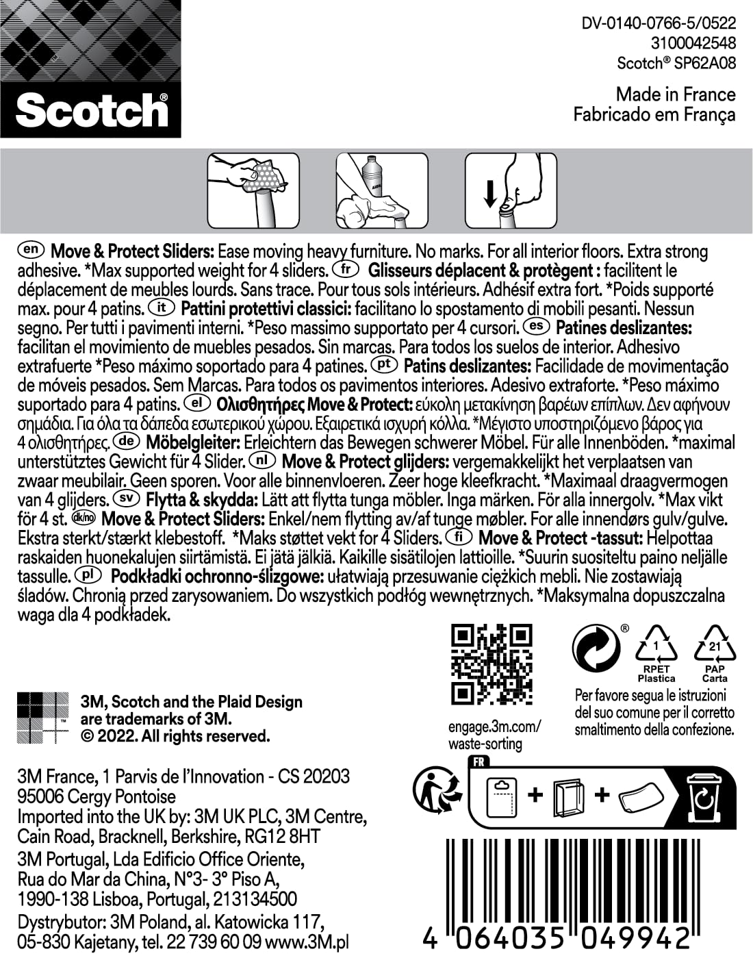 Scotch 0 Move & Protect łyżwy ślizgowe SP62A08, klej, szare, 24 mm, opakowanie 8-100 kg