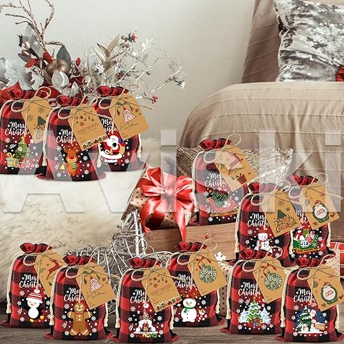 Miniatura 6 de 72 bolsas de algodón con cordón de Navidad, bolsas de regalo de Navidad a cuadros, bolsas de algodón para dulces de Navidad, bolsas pequeñas de tela