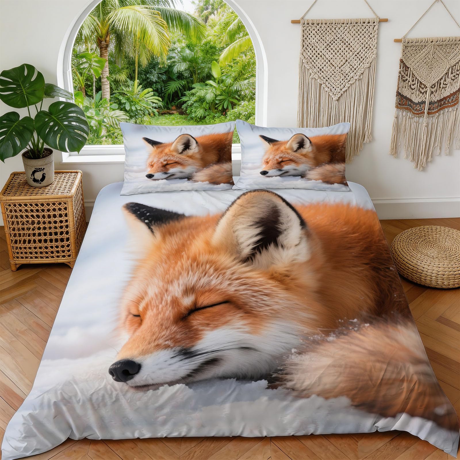 Süßer Fuchs 3 Teilig Bettwäsche-Sets 220x240 Tier Thema Doppelseitig Bettwäsche 3D Drucken Weiche Komfortabel Microfaser Bettbezug mit Reißverschluss mit 2 Kissenbezüge