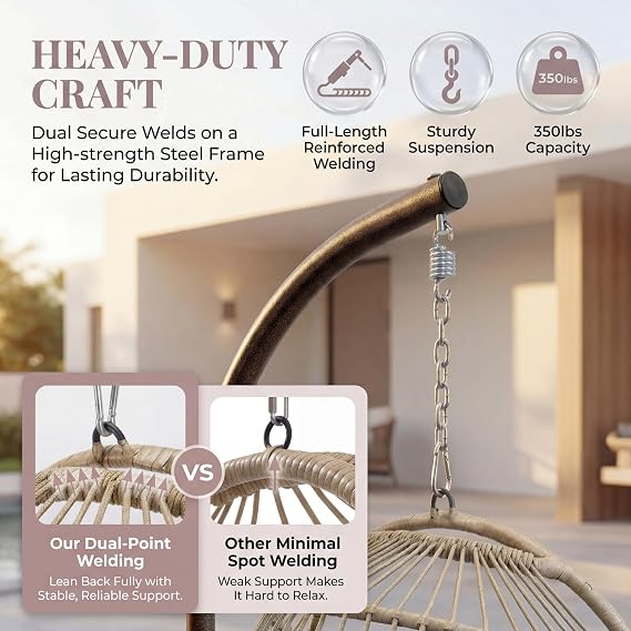 BULEXYARD Indoor Egg Swing Chair with Stand and Cover, 350 Lbs Heavy-Duty Rattan Wicker Hanging Hammock with Cozy Cushion, Eggshell Basket Seat for Outdoor Patio Balcony Garden Bedroom, Beige