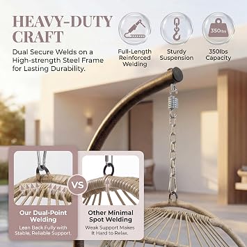 BULEXYARD Indoor Egg Swing Chair with Stand and Cover, 350 Lbs Heavy-Duty Rattan Wicker Hanging Hammock with Cozy Cushion, Eggshell Basket Seat for Outdoor Patio Balcony Garden Bedroom, Beige