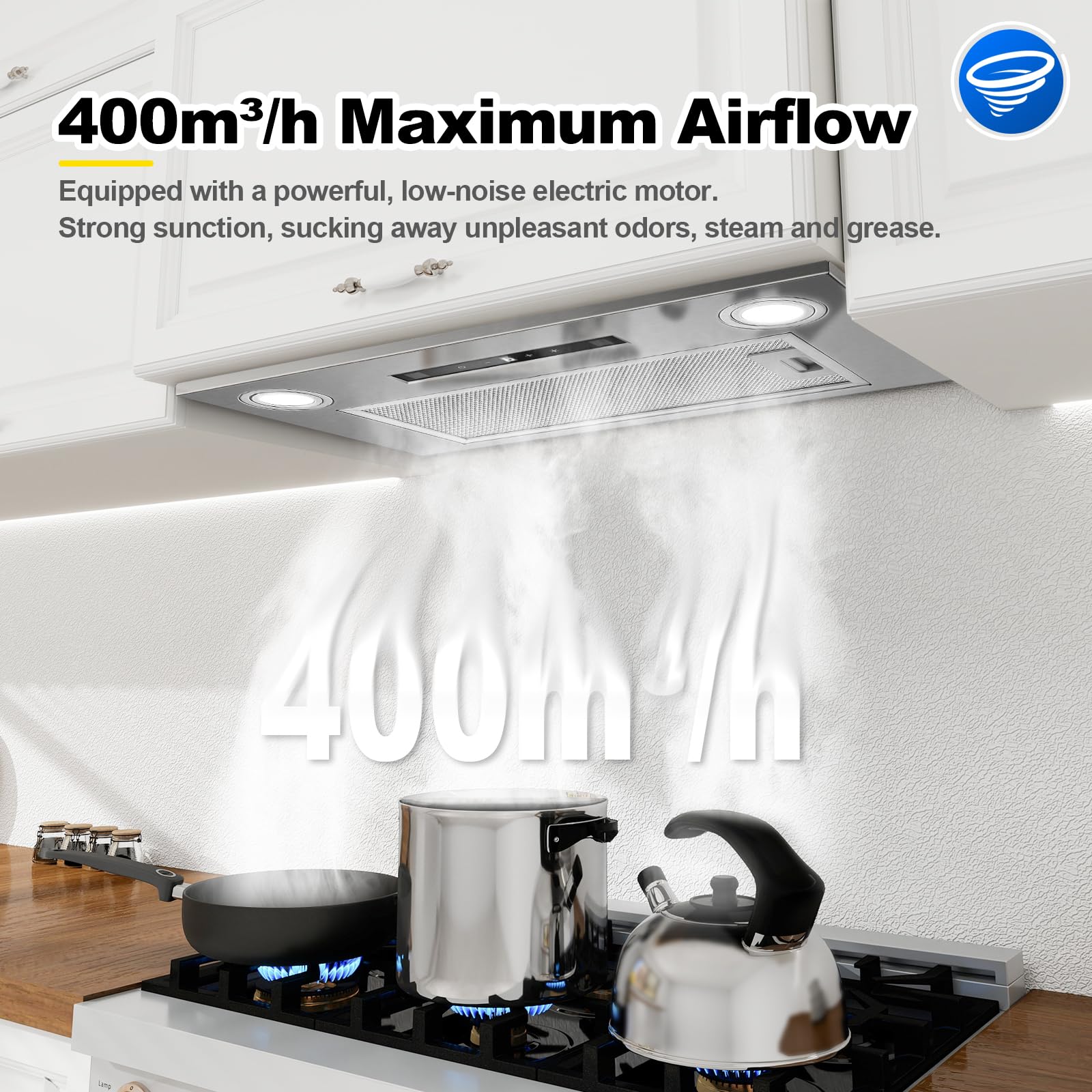 Dunstabzugshaube 52cm Einbau-Abzugshaube 400m³/h 3 Leistungsstufen Booster-Funktion Gestensteuerung Touch Bedienung Abluft/Umluft mit Aktivkohlefilter