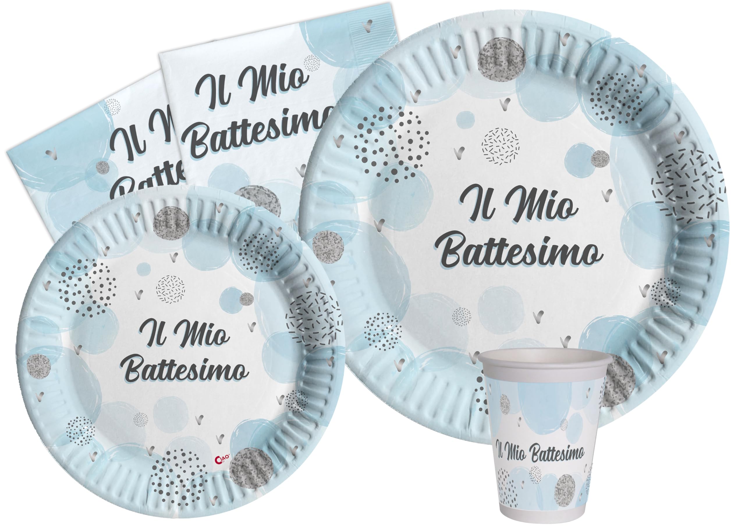 Ciao Party Tableware Set Battesimo for 8 People (44 pcs: 8 Plates Ø23cm, 8 Plates Ø18cm, 8 Cups 200ml, 20 Napkins 33x33cm) in eco-Friendly compostable Paper, Sky Blue