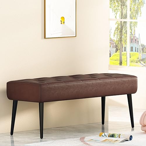 Lamerge Banco de entrada de cuero taburete otomano tapizado moderno con cristal integrado reposapiés de pie de banco de cama para puerta sala de