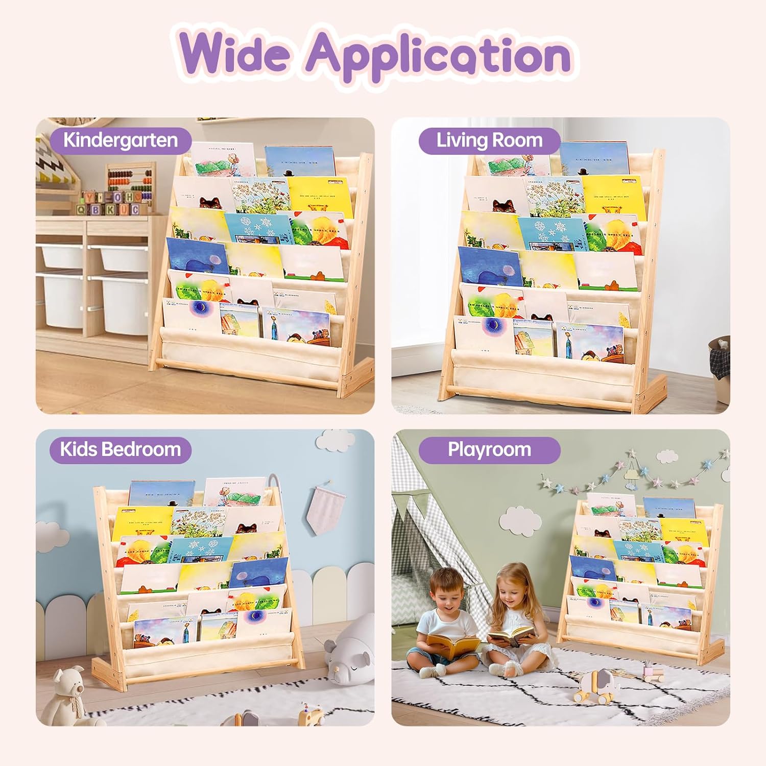 6-Tier Kids Bookshelf – Child-Safe Wooden Book Shelf with Cotton Linen Fabric, Holds 100+ Books, Baby Bookshelf & Toddler Bookcase Organizer for Nursery, Playroom & Kids Rooms