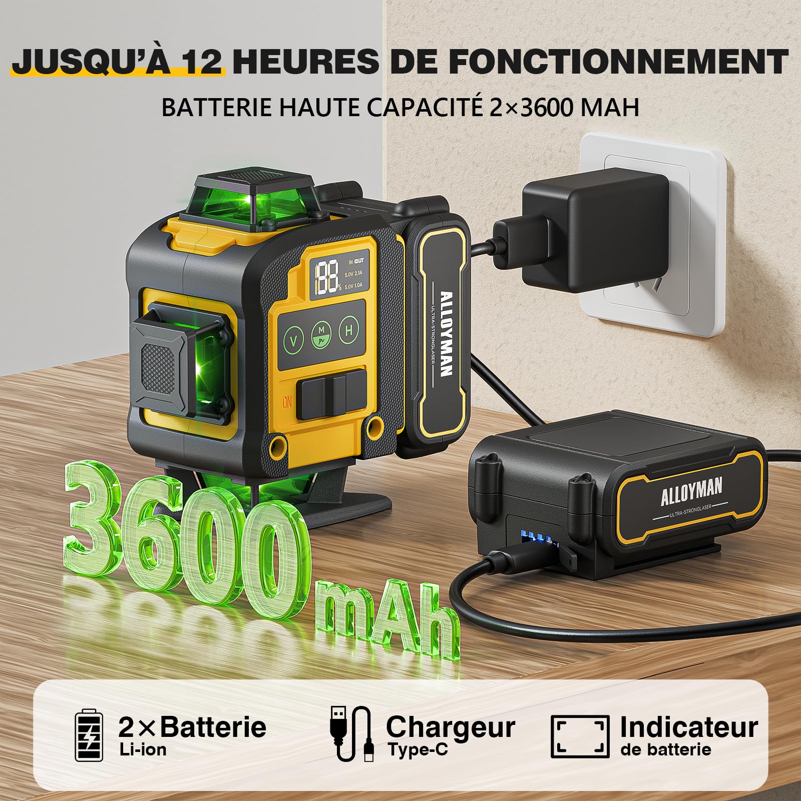 Alloyman Niveau Chantier Laser Autonivelant avec Trépied 4 × 360°, Laser Niveaux 4D 16 Lignes Lazer, Mode Impulsion Extérieur, 2 x Batteries, Nivellement Automatique, Support Rotatif, Télécommande