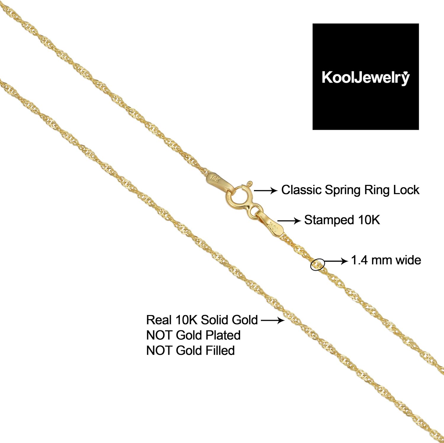 Kooljewelry Womens Classic Singapore Chain - 10k Yellow Gold Chain Necklace, Polished Finish - Image 2