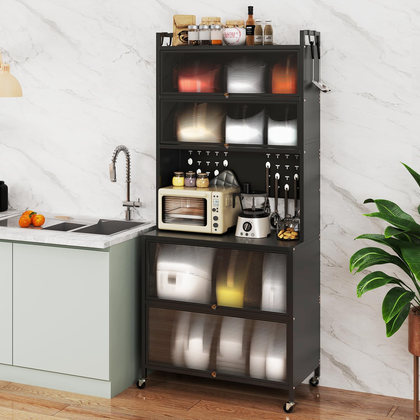 TANGZON 5/6 Tier Kitchen Cabinet, Rolling Kitchen Baker's Rack with Translucent Flip Doors, Pegboard, Hooks & Wheels, Microwave Stand Pantry Cupboard Unit (Black, 6 Tier, 80x40x181cm)