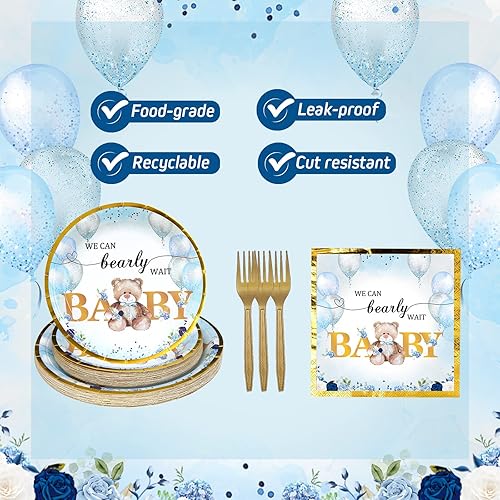 Miniatura 5 de Oso de peluche para baby shower, servilletas, vajilla  We Can Bearly Wait - Decoraciones de fiesta de oso de peluche azul, platos de papel