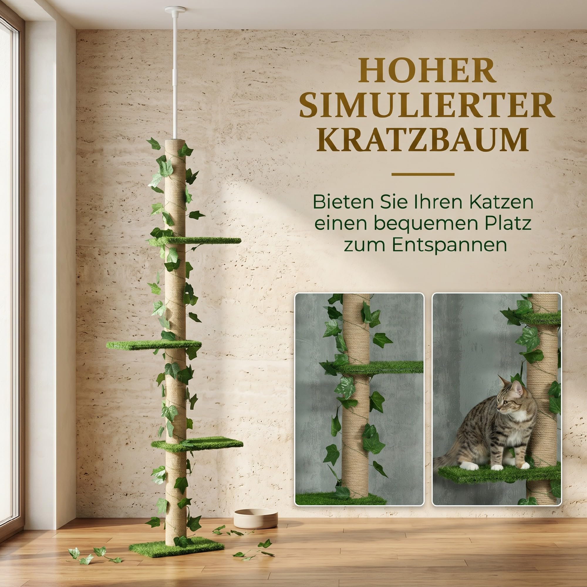 PawHut Kratzbaum Deckenhoch 202-242 cm für Mittelgroße Katzen Grün+Gelb