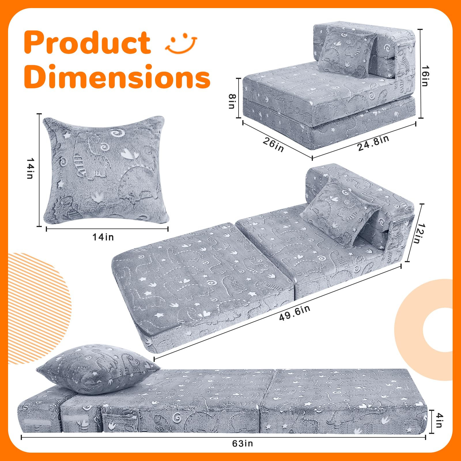 MeMoreCool Divano letto per bambini, materasso da pavimento per bambini che si illumina al buio, divano modulare per bambini, divano pieghevole futon convertibile, materasso pieghevole per stanza dei