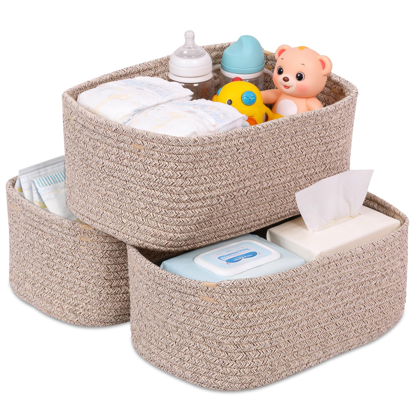 Set of 3 Storage Baskets for Shelves & Nursery, Cotton Rope Woven Basket with Hidden Handle, Empty Baby Gift Baskets, Decorative Shelf Organiser Bin for Baby Essentials, Toys & Toiletries(Light Brown)
