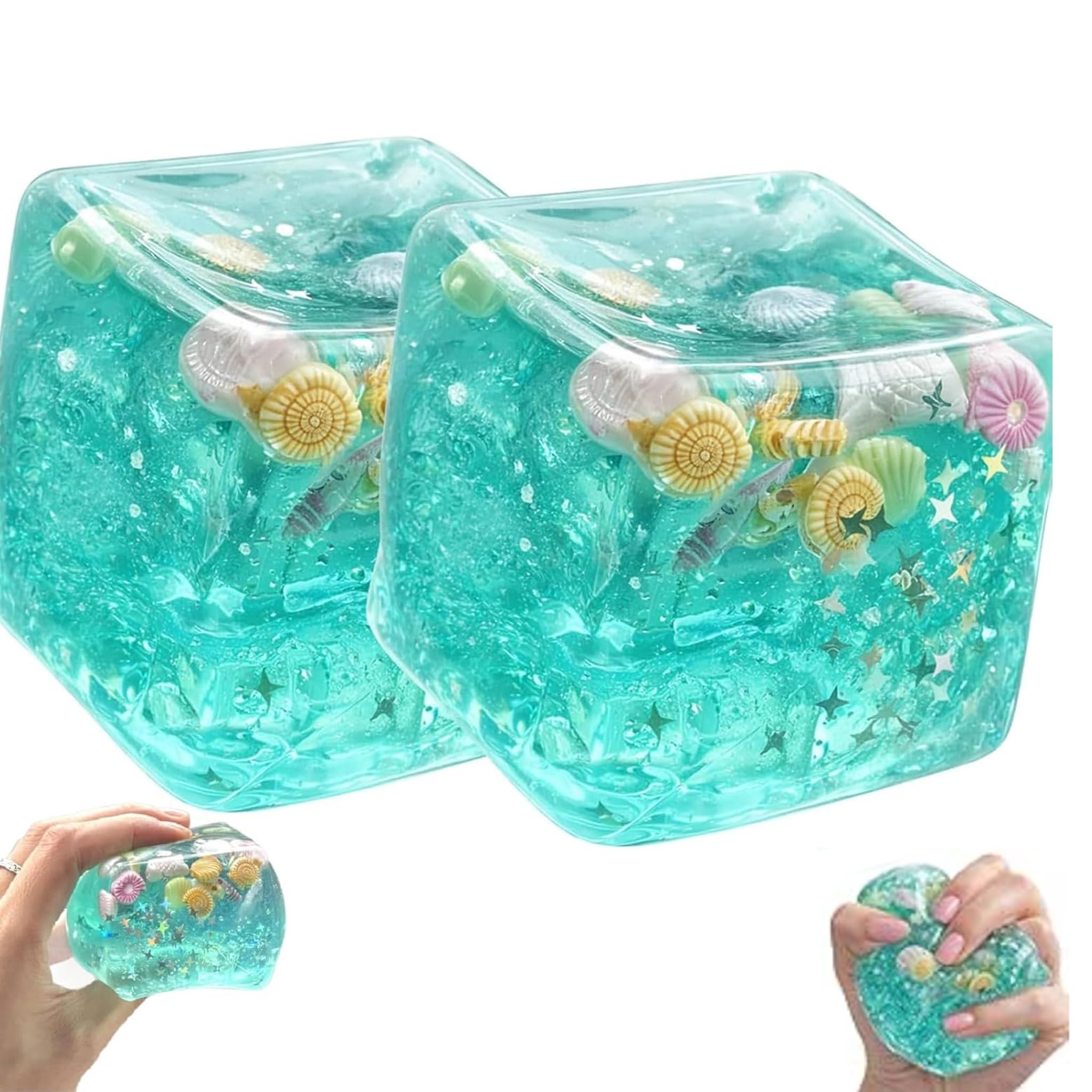 Ice Cube Stress Ball Fidget Toy, Slow Rise Squishy Cube with Ocean Shells Inside, Squishy Gel Filled Sensory Stress Relief Toy for Adults Teens Classroom Prizes (2PCS)