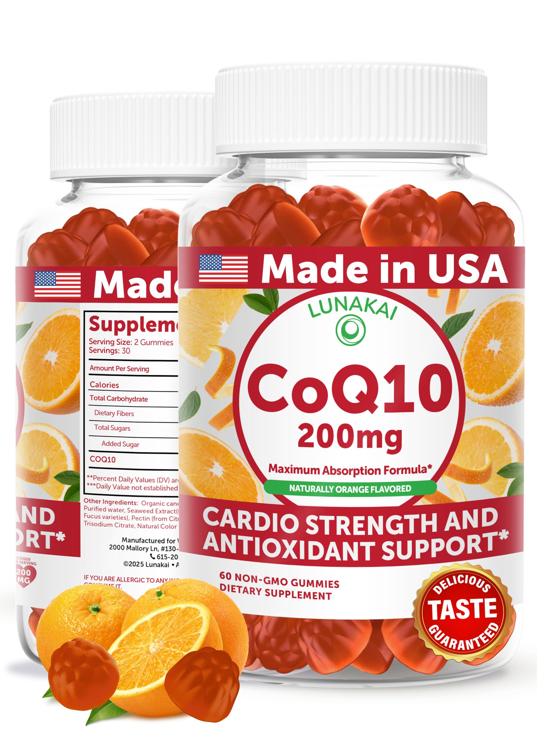 Lunakai USA Made CoQ10 Gummies for Adults 200mg – Coenzyme Q10 for Heart Health, Cellular Energy & Aging Support – Non-GMO, Vegan, 60ct