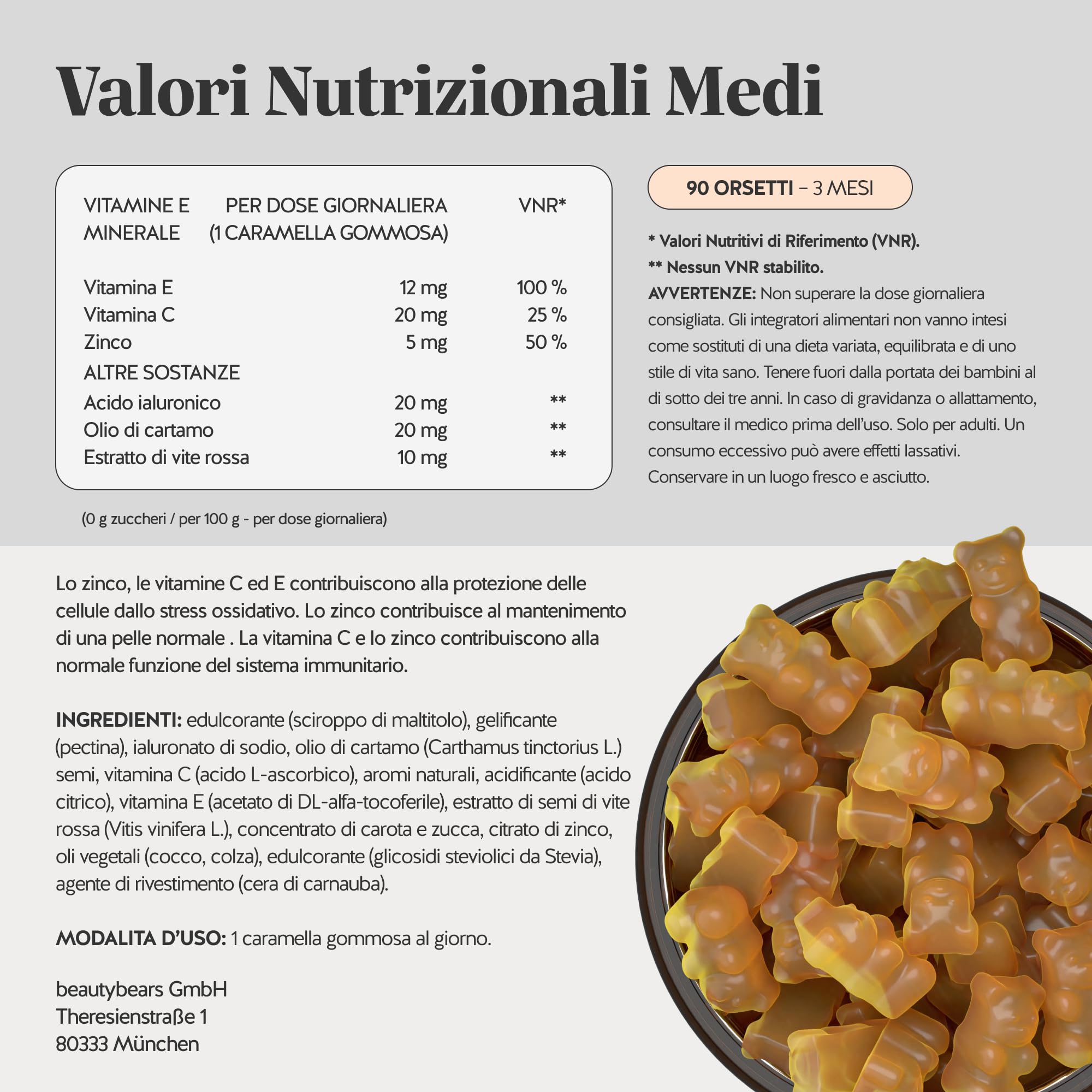 Bears with Benefits - Gommose Acido Ialuronico - Cura de la Pelle -90 pezzi | Skin in the Game - Acido Ialuronico, Zinco, Vitamine C & E, Olio di Cartamo - Cura da 3 mesi - Senza Zuccheri, Vegano