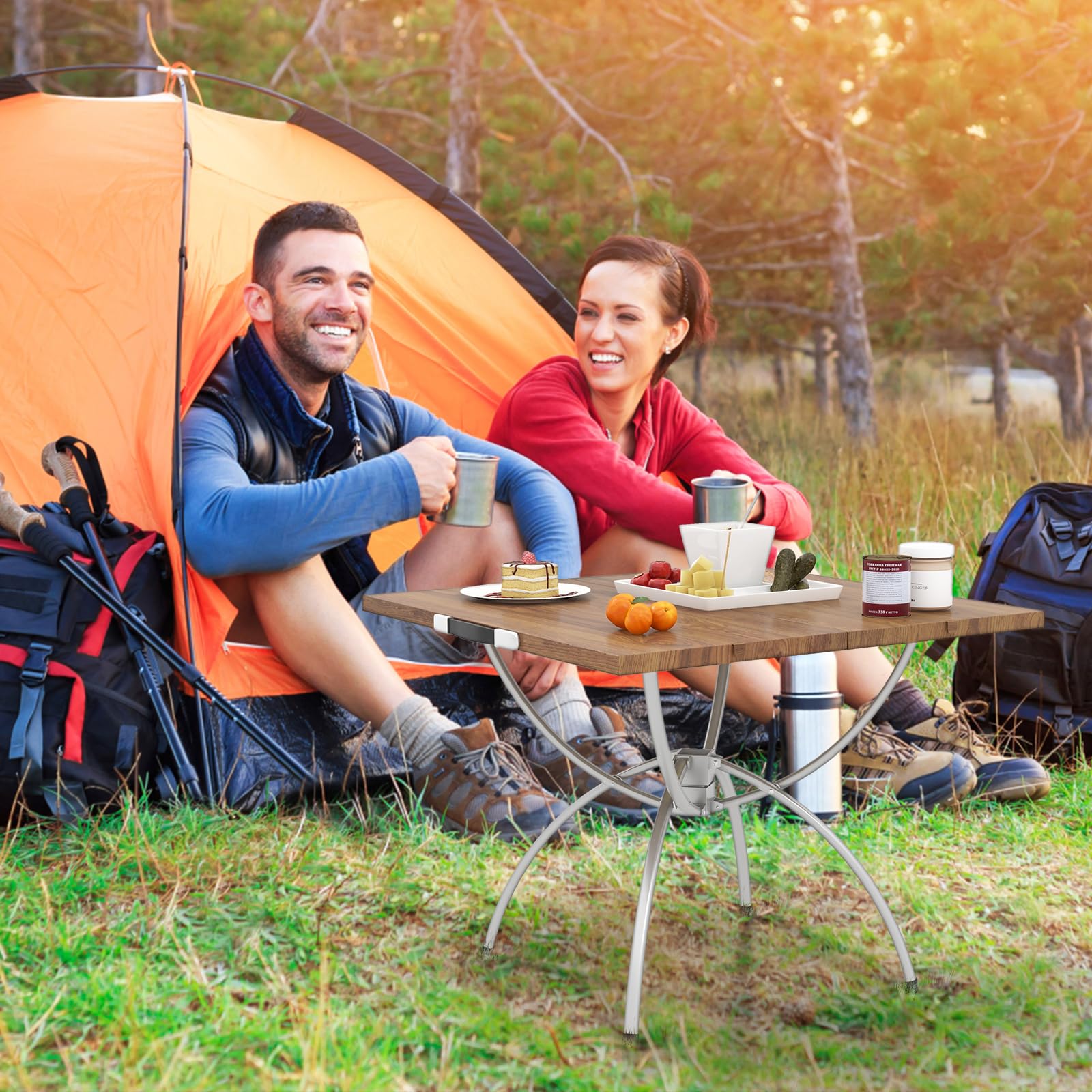 COSTWAY 2er Set Campingtisch klappbar, ausziehbarer Klapptisch mit Aluminiumgestell & Holzoptik, Falttisch mit Tragetasche, für Wandern, Picknick, Camping
