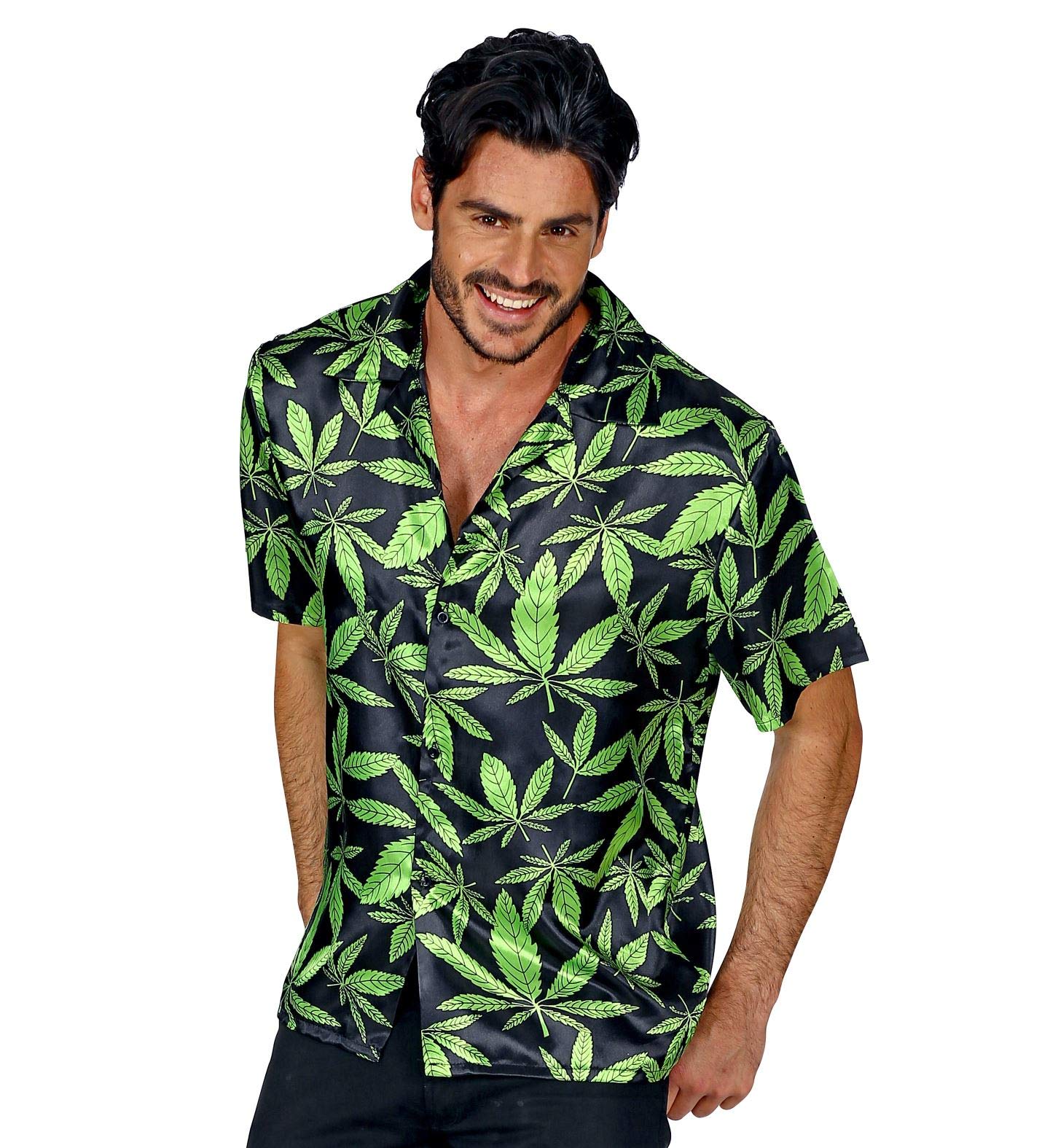 Chemise hawaïenne en satin pour homme avec imprimé cannabis - Chanvre The Ganja Style Beach-Party - Manches courtes - Pour enterrement de vie de jeune fille, noir/vert, L-XL
