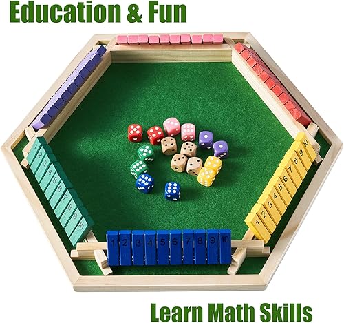 Miniatura 5 de Vamslove - Juego "Shut The Box" para 6 jugadores con 12+4 dados - Juego de mesa de madera de 6 lados colorido con números matemáticos para niños,