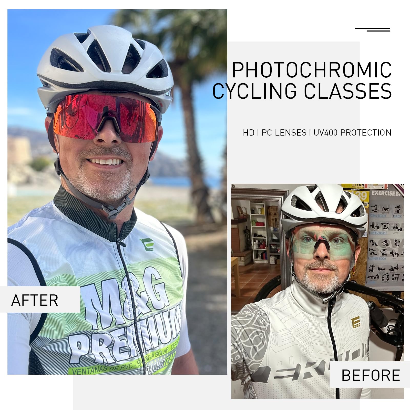SCVCN Fietsbril, zelfkleurend, voor dames en heren, fotochrome fietsbril, zonnebril met UV400-bescherming, randloze transprante glazen voor outdoorsporten S142-PH