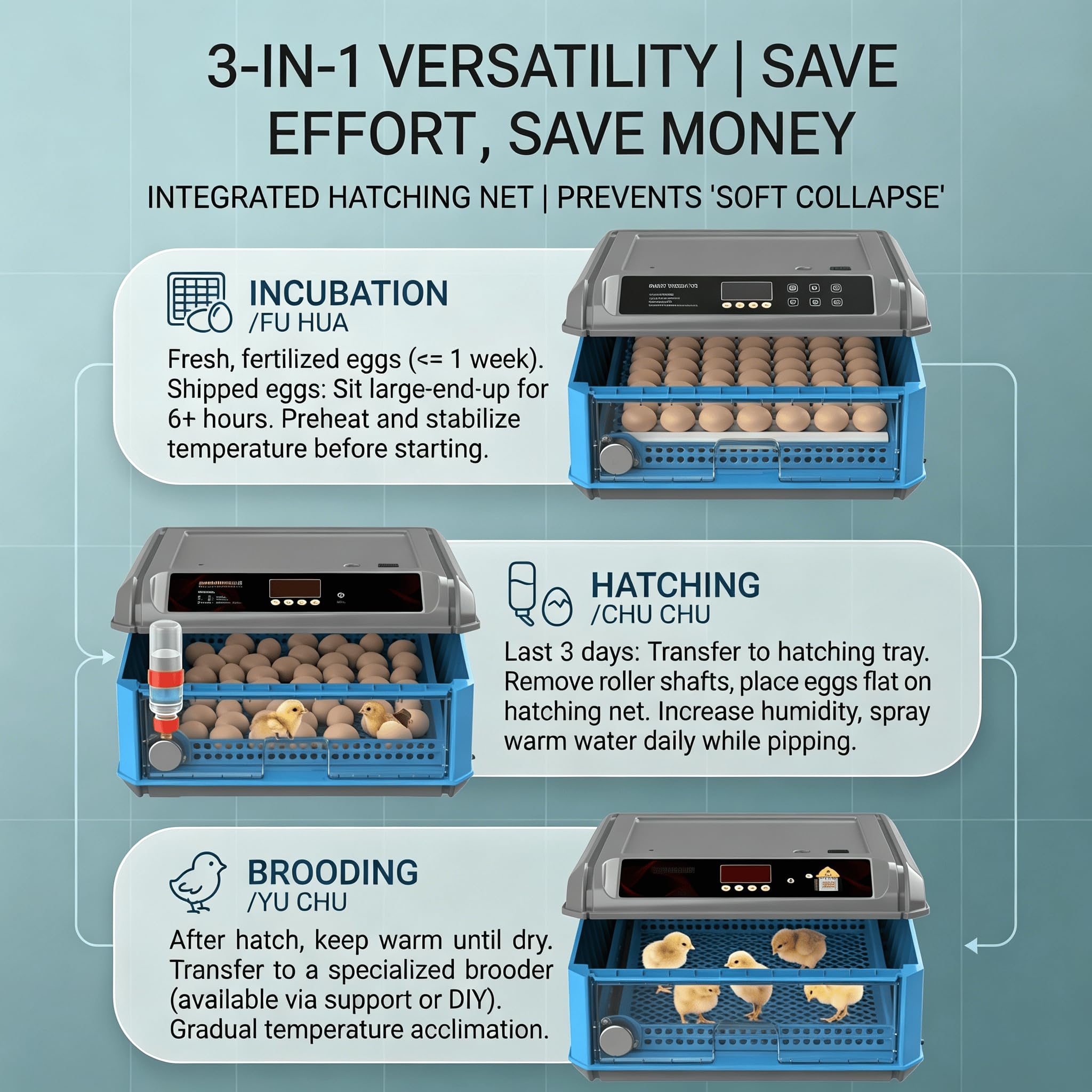 Incubadora Automática De Gran Capacidad con función de volteador automático de huevos, soporta 128-500 huevos de Gallina, cuenta con Control de Temperatura estable para la incubación de pollitos.,192