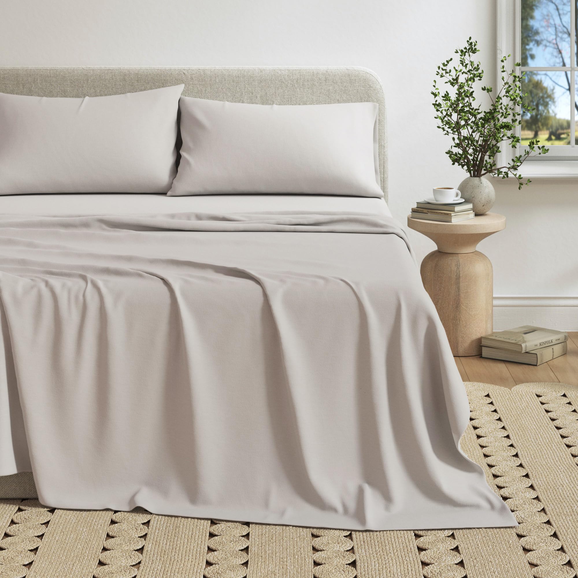 Cotton Jersey Knit Queen Sheet Set - Ultra-Soft, Stretchy, Heathered Melange Bed Sheets - Cozy, Soft T-Shirt Sheet & Pillowcase Set (Light Grey)