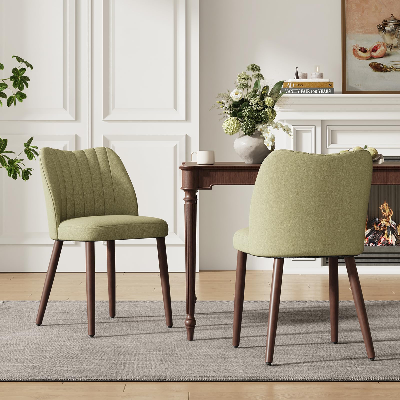 MALOL Upholstered Dining Chairs Set of 2, Fabric Chairs for Dining Room with Solid Wood Legs and Thick Seat Cushion, Modern Kitchen Chair with Anti-Slip Pads, Green
