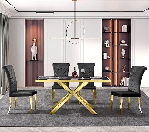 AZhome Juego de mesa de comedor de 5 piezas, juego de cocina y comedor negro y dorado para 4, mesa de comedor con base en forma de X, sillas de