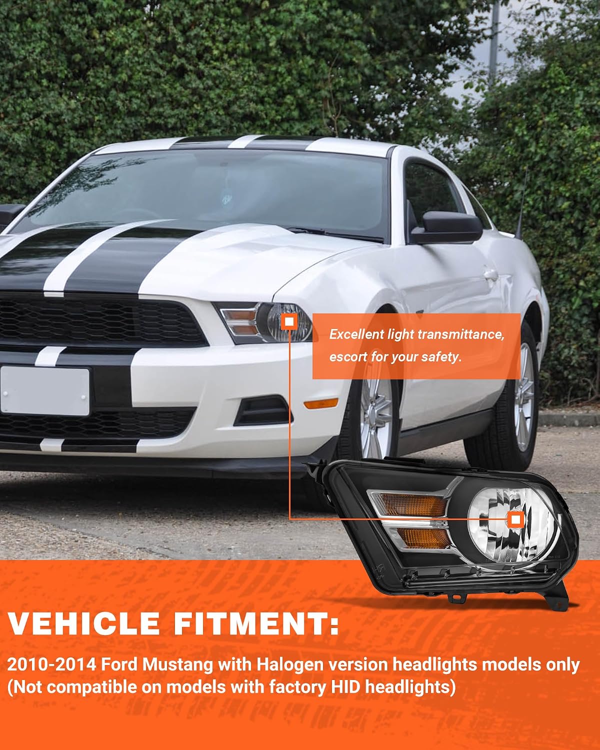 Compatible with Ford 10 11 12 13 14 Mustang Headlights Assembly Black Housing Halogen Headlamp Amber Corner Reflector Replacement Left and Right Side (Bulbs NOT Included)