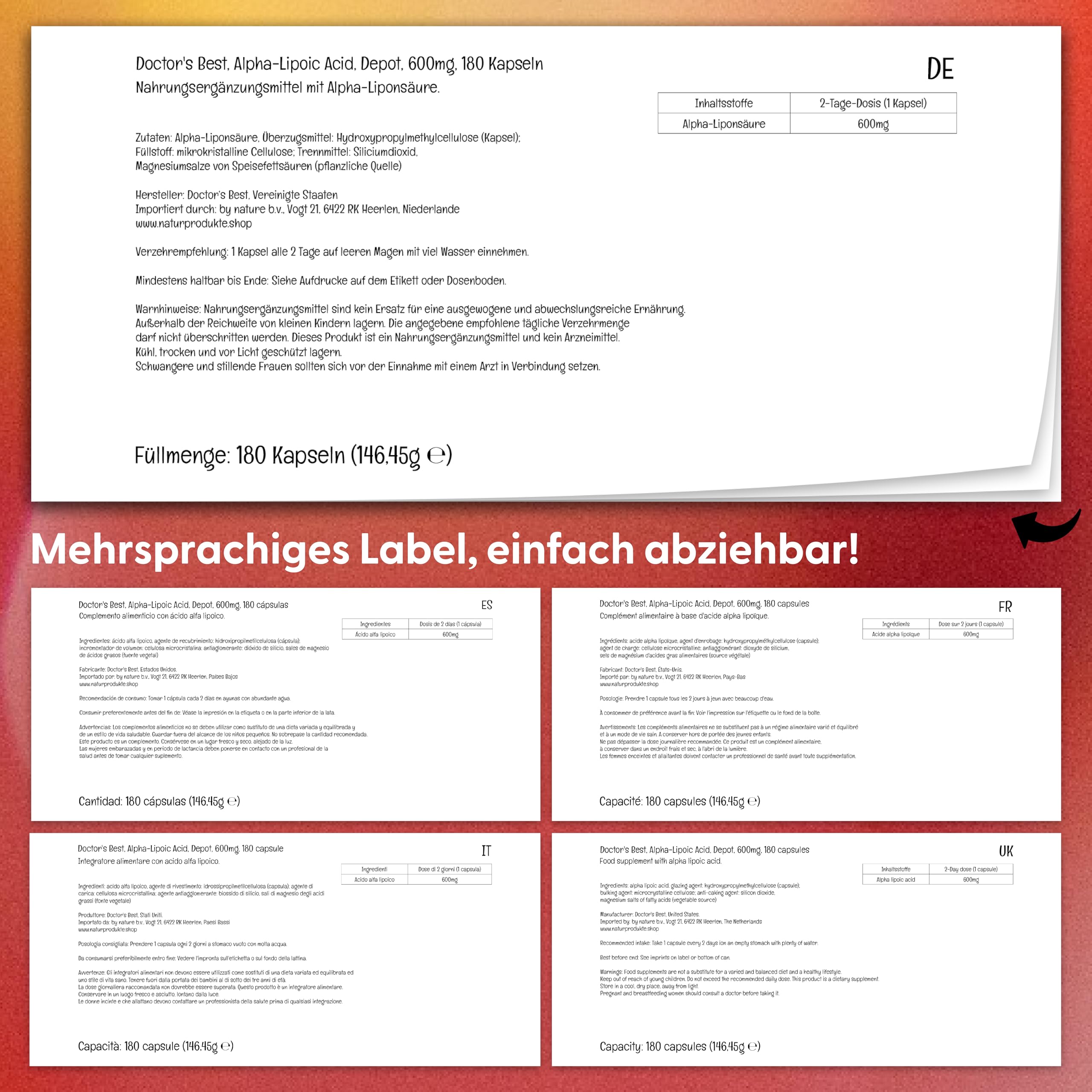 Doctor's Best, Alpha-Lipoic Acid (Alpha Liponsäure), 600 mg Depot, 2-Tages-Dosis, 180 vegane Kapseln, Hochdosiert, Laborgeprüft, Ohne Gentechnik, Glutenfrei