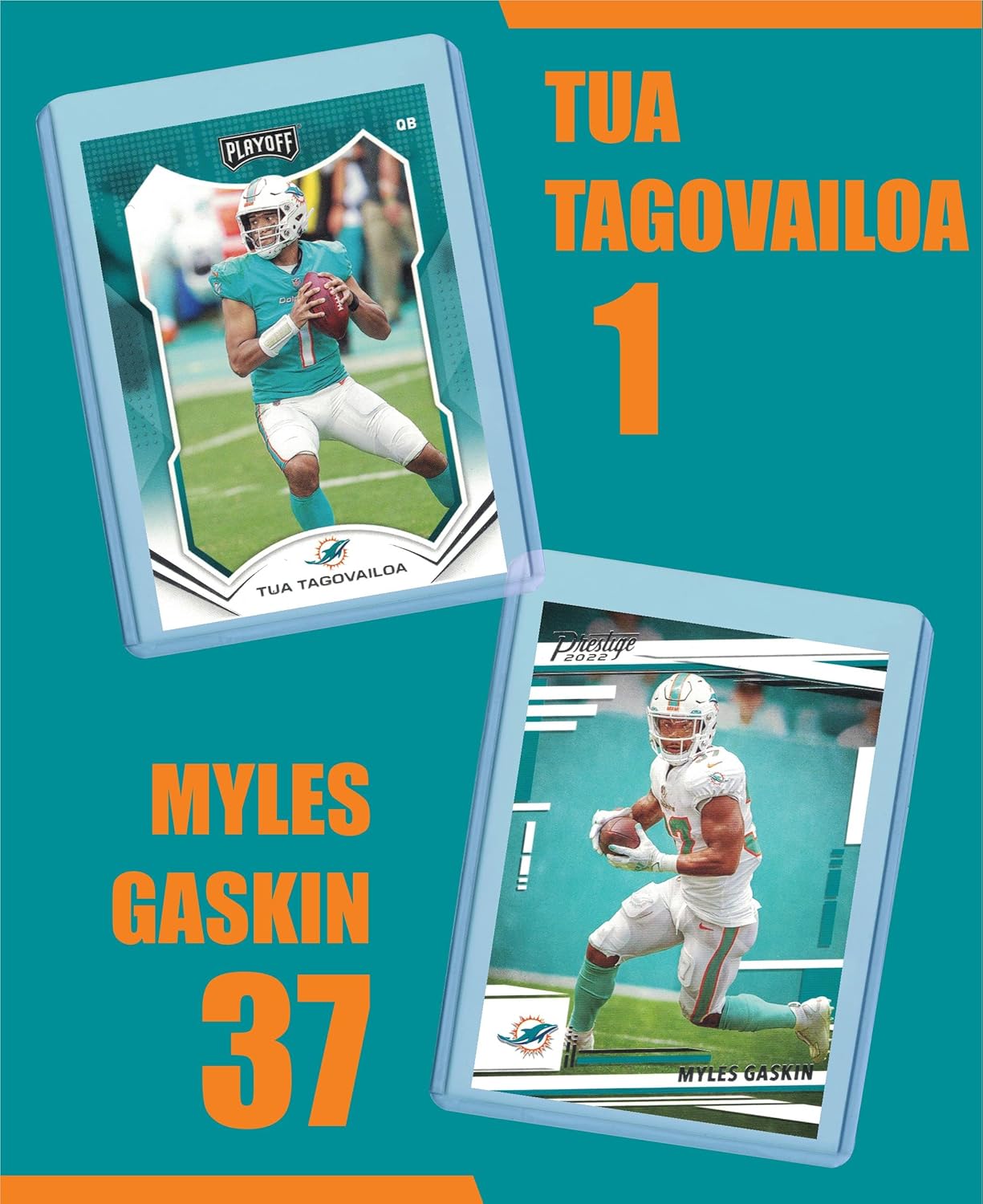 Miami Dolphins Cards: Tua Tagovailoa, Myles Gaskin, Jerome Baker, Tyreek Hill, Mike Gesicki, Dan Marino, Mark Duper Assorted Football Stars & Legends Trading Card & Wristbands Bundle